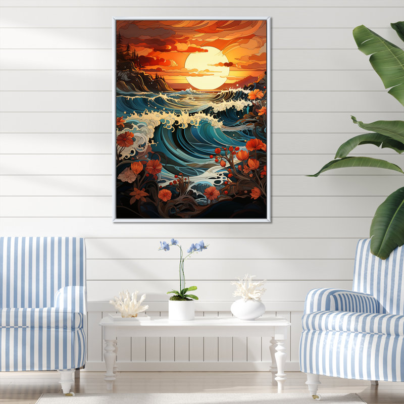 Orange orange, vagues japonaises au coucher du soleil - art mural coucher de soleil côtier, H 40 po x l 30 po x P 1,5 po