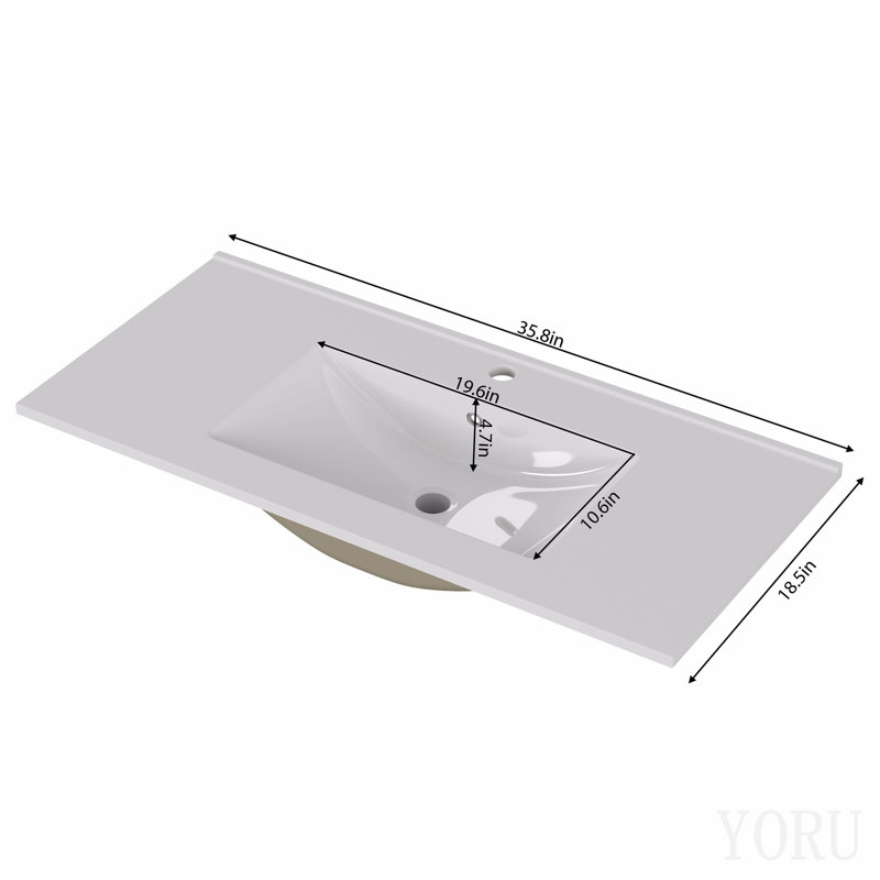 Lavabo de salle de bain en céramique blanche de 91 cm (36 po), compatible avec un meuble-lavabo de 91 cm (36 po), trou de robinet prépercé, design minimaliste moderne, durable et facile à nettoyer