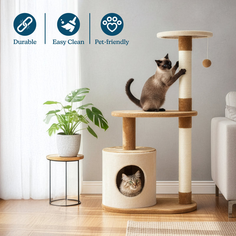 37.5 Inch Tall Cat Tree Tower - 3-Tier Cat Tower for Indoor Cats with Napping Perch, Kitten Condo, Sisal Scratching Posts, and Hanging Toy - Pet Accessories by PETMAKER (Brown)