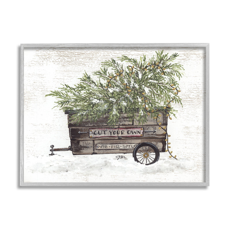 Wagon d'hiver patiné portant un pin de Noël noir, estampe numérique encadrée, art par Julie Norkus