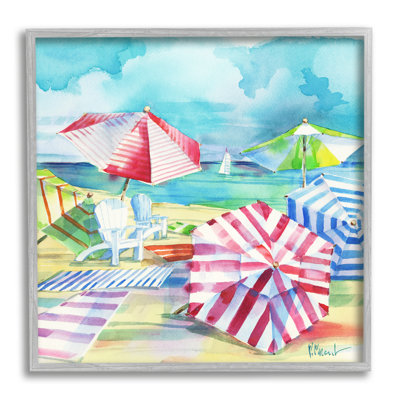 Parasol rayé Ventura Beach par Paul Brent - peinture sur bois