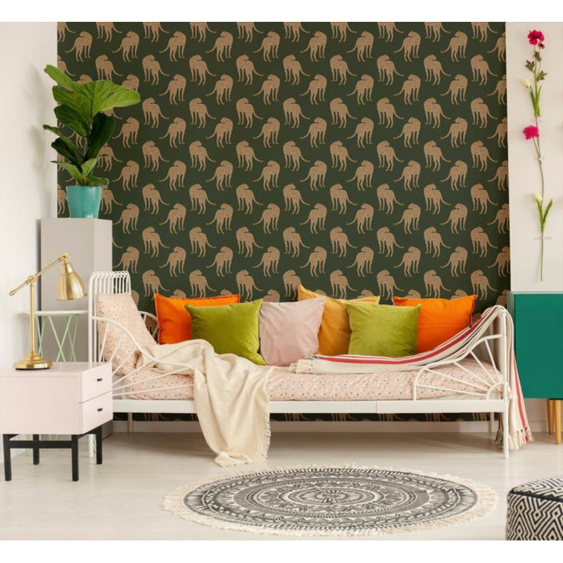 Prowling Cheetah - Wallpaper, Juniper, Faux Grasscloth