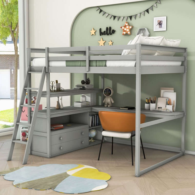 Garance Kids Full Loft Bed with Drawers, Gray