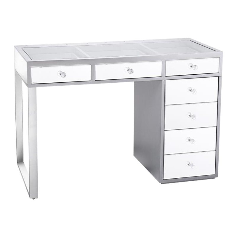 Mini SlayStation Kylie 1.0 Vanity Table with Soft Close 5 Drawers, Vanity Mirror with Crystal Luxe Knobs, Silver Mirrored