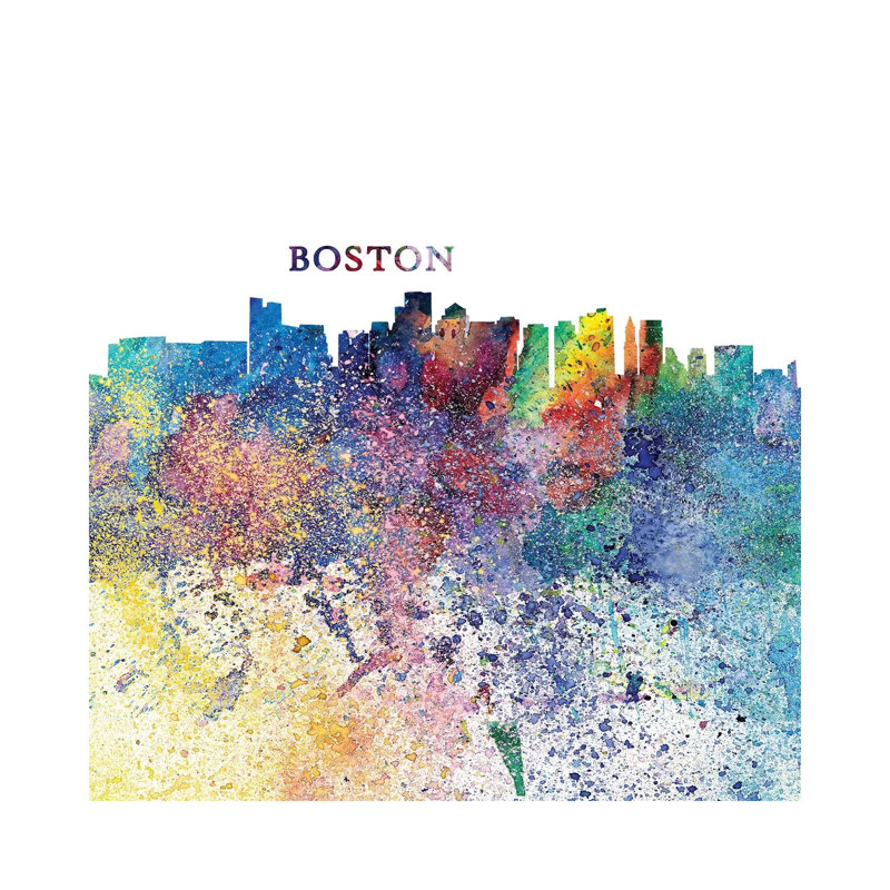 Boston Massachusetts Skyline Silhouette Impressionistic Splash 1 Piece Wrapped Canvas Wall Art