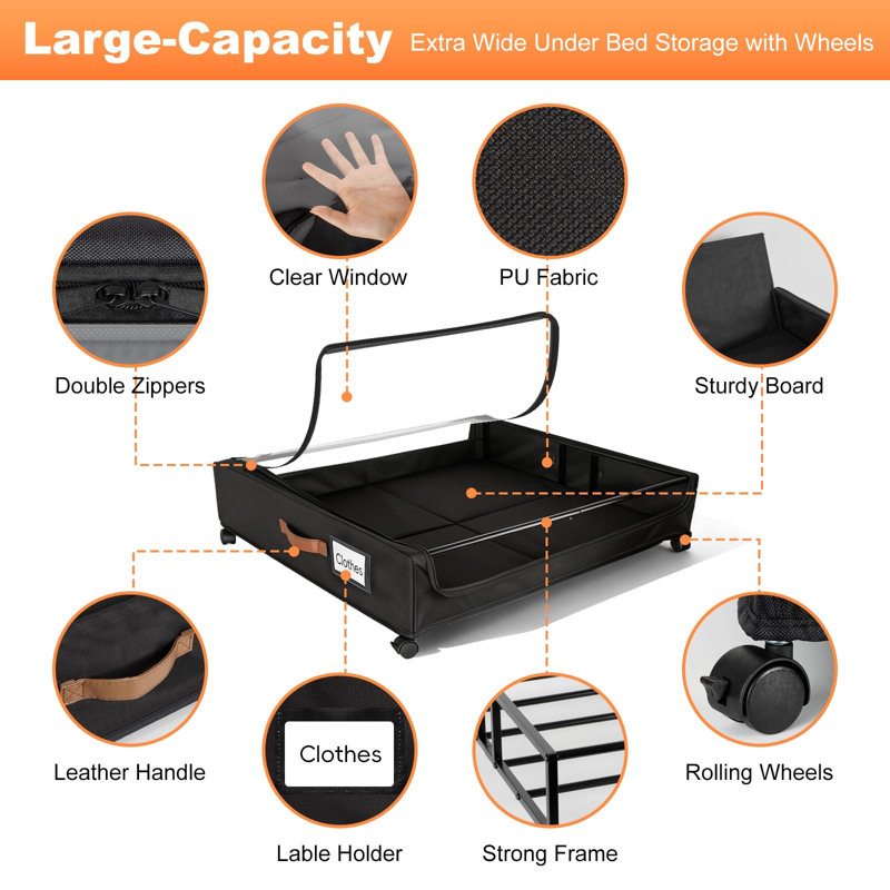 Larger Under Bed Storage With Wheels, 2-Pack XXL Underbed Shoe Storage With Clear Lid, Easy Pull-Out Rolling Under Bed Storage Containers, Underbed Storage Bins For Clothes, Shoes, Black