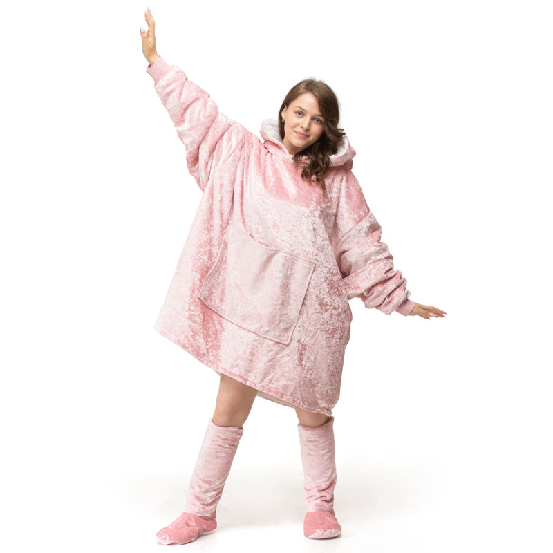 Mirona Snug Oversize Crushed Velvet Hoodie Blanket Thermal Cosy With Pocket, Pink
