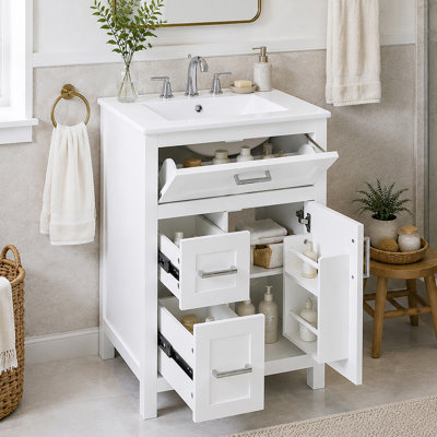 Meuble-lavabo de salle de bain avec lavabo en céramique, structure en bois massif avec armoire en panneau de fibres à densité moyenne, armoire de rangement pour salle de bain avec 1 porte, tiroir rabattable et 2 tiroirs, charnières à fermeture en dou