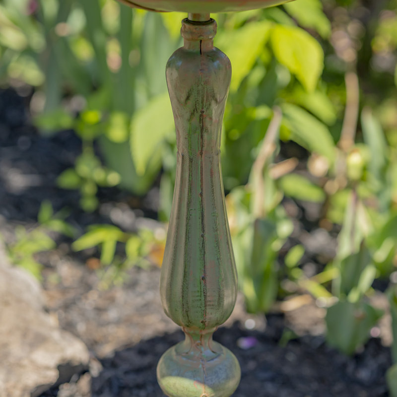 Green Ornate Metal Pedestal Birdbath with Cast Iron Birds