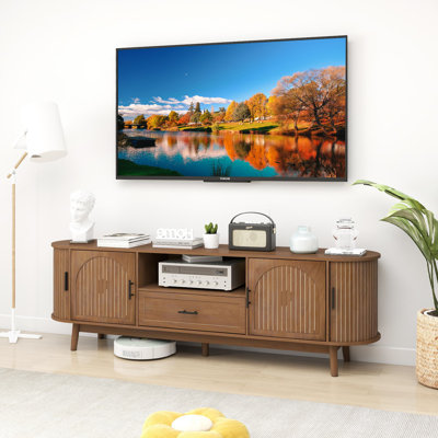 70" Fluted Tv Stand For Tvs Up To 80", Mid-century Modern Entertainment Center With Drawers And Sliding Doors For Living Room, Bedroom