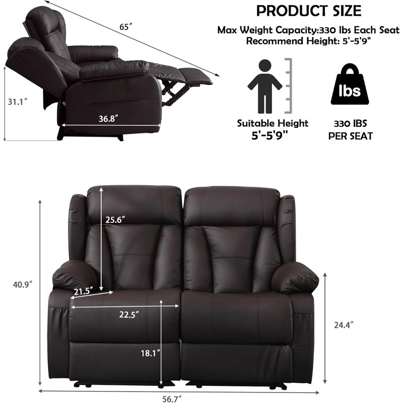 Manual Reclining Loveseat Sofa - Double Loveseat Recliner Chair with Side Pockets for RV Couch/Motorhomes/Living Room