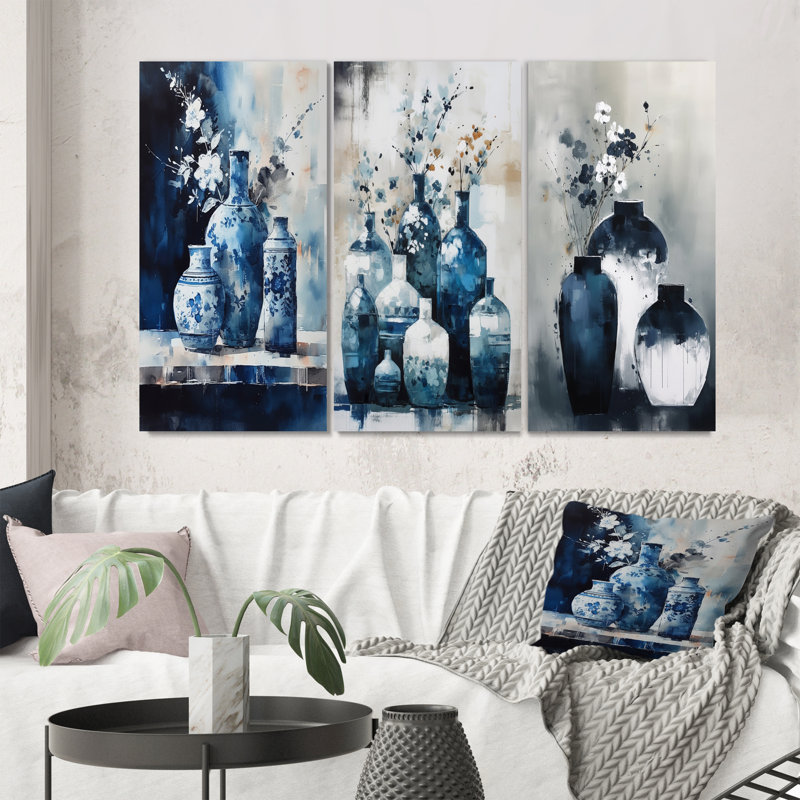 «Blue And Cream Bohemian Vibes Pottery», 3 pièces sur toile, Toile tendue, H 32 po x l 48 po