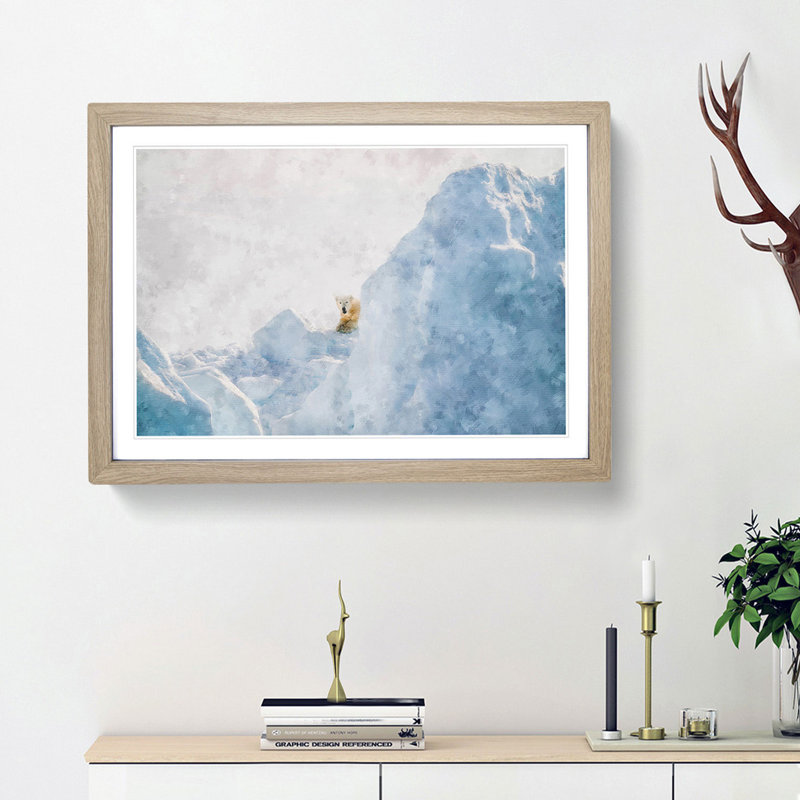 Curious Polar Bear - Picture Frame Graphic Art Print, 45cm H x 63cm W x 2cm D, Oak Framed