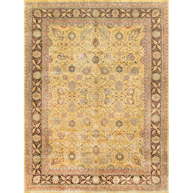 Tapis unique en laine noué à la main de style années 2010 de 9 pi x 12 pi Tabriz doré / bleu / brun