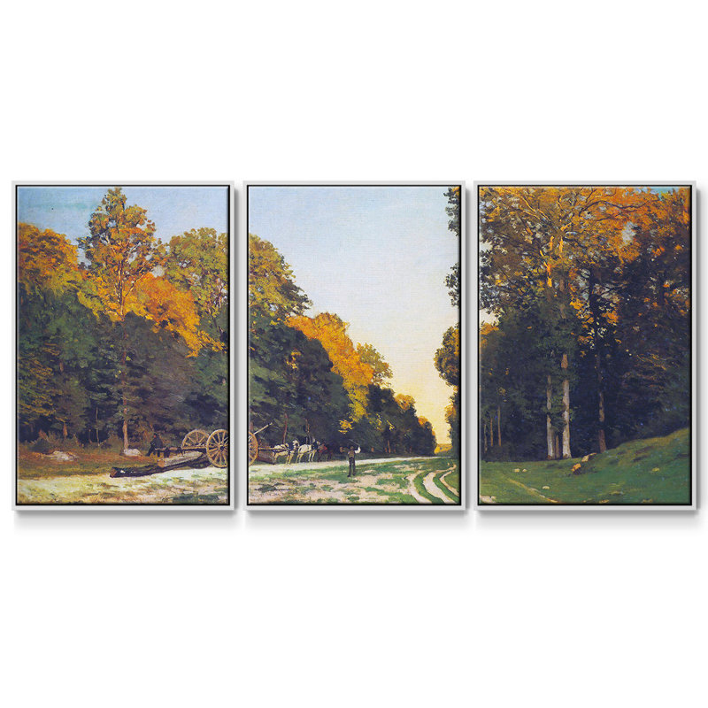 La route de Chailly à Fontainebleau, reproduction sur toile 3 pièces, Cadre blanc