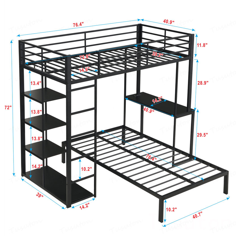 Structure de lit mezzanine en métal avec bande lumineuse à DEL, tablettes de rangement latérales et bureau intégré, lit superposé en métal de taille double / double