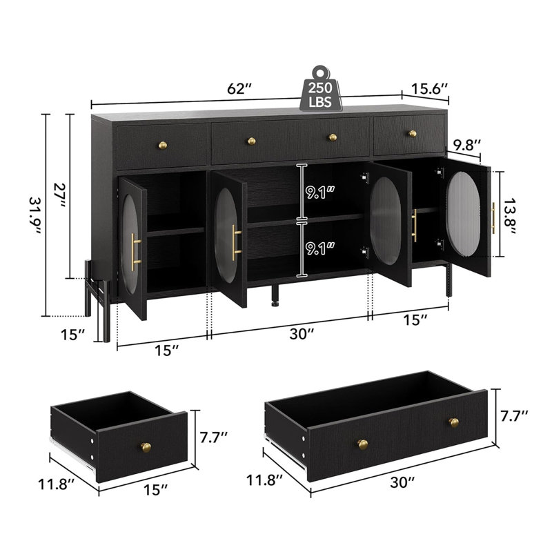 62'' Buffet Cabinet With Storage,Coffee Bar Cabinet With 3 Drawers And 4 Fluted Glass Doors,Large Sideboard Cabinet For Home,Kitchen,Dining Room