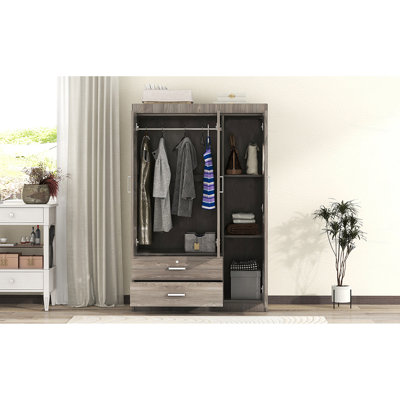 Garde-robe 3 portes avec 2 tiroirs, grain de bois gris, garde-robe d'organisation de chambre à coucher, calme