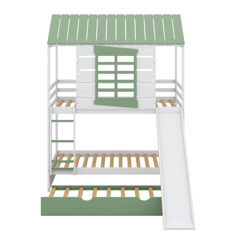 Twin-Over-Twin Size House-Themed Bunk Bed With Convertible Slide And Trundle Bed