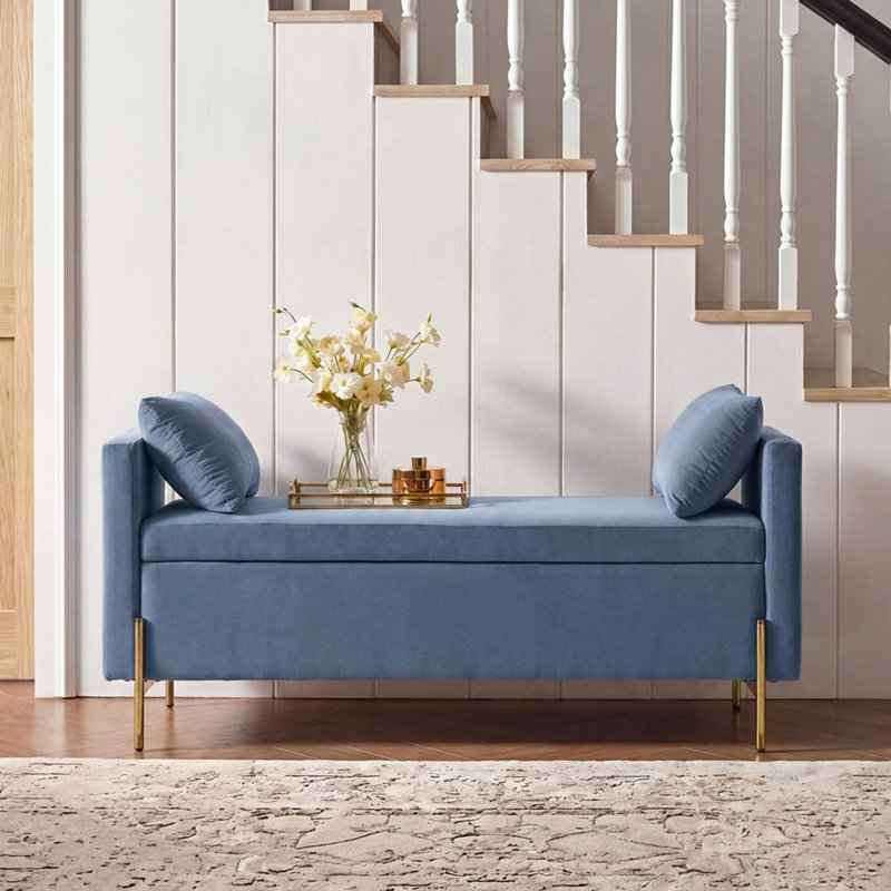 Aristides 56''W Upholstered Flip Top Bench with Subdivided Storage and Toss Pillows, Slate Blue