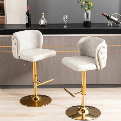 Beige Modern Swivel With Adjustable Seat, Pu Upholstered Back For Pub And Kitchen (2 Stools Bar Seat Height, Tufting Dining Room