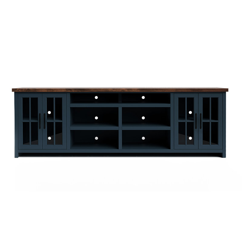 Meuble télé, sans assemblage, bleu denim et whisky, meuble télé pour 85 téléviseurs ou plus, peuplier massif, assemblage