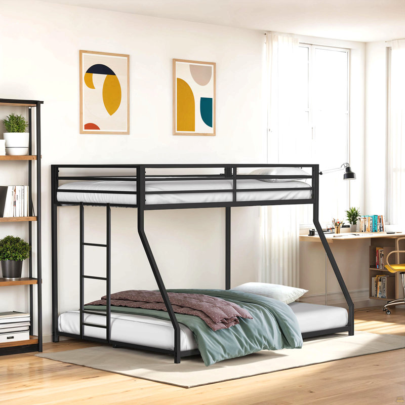 Lit superposé simple au-dessus d'un lit double en métal attaché prêt pour un matelas, Noir mat