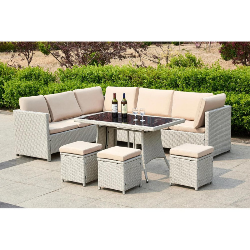 Esteven 9 Seater Rattan Corner Sofa Set, White, Cream