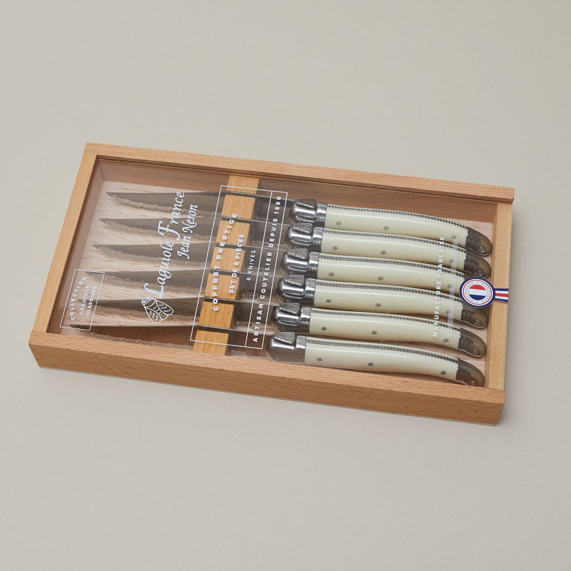 Ensemble de couteaux à steak Laguiole 6 pièces, ivoire Platine dans une boîte en bois avec couvercle en acrylique