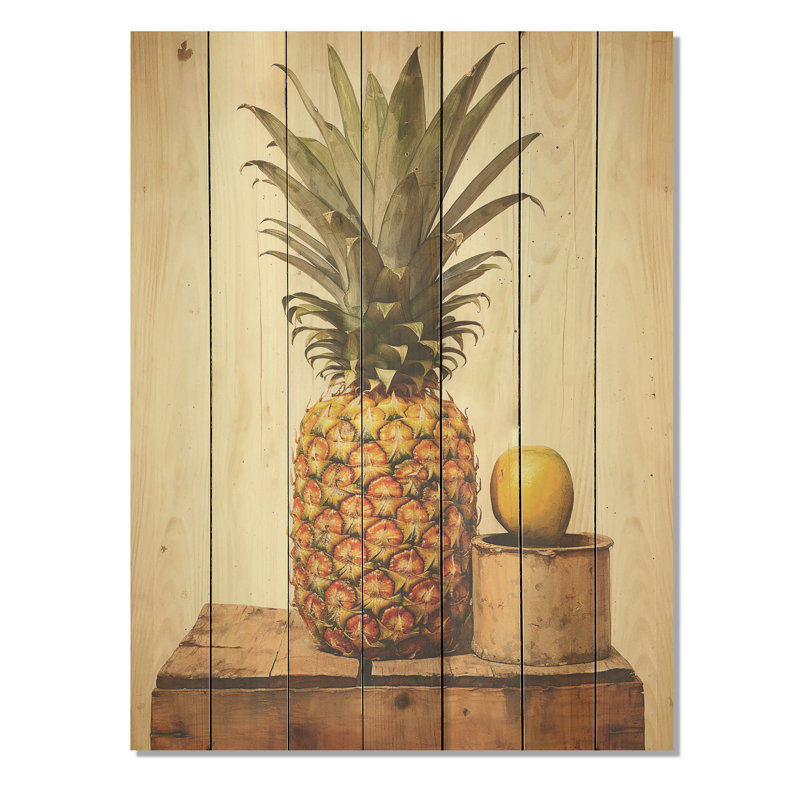 Délice d'ananas vert et jaune - Ananas sur bois, H 20 po x l 10 po