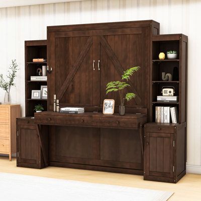 Grand lit escamotable en bois avec tablettes de rangement