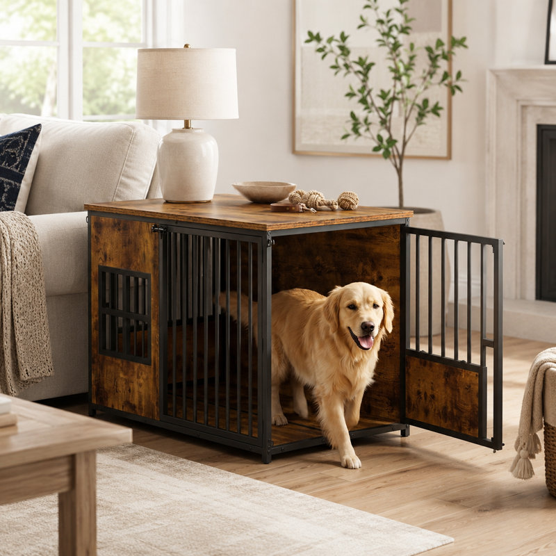 Grand meuble en bois pour cage de chien avec loquets de sécurité et plateau spacieux