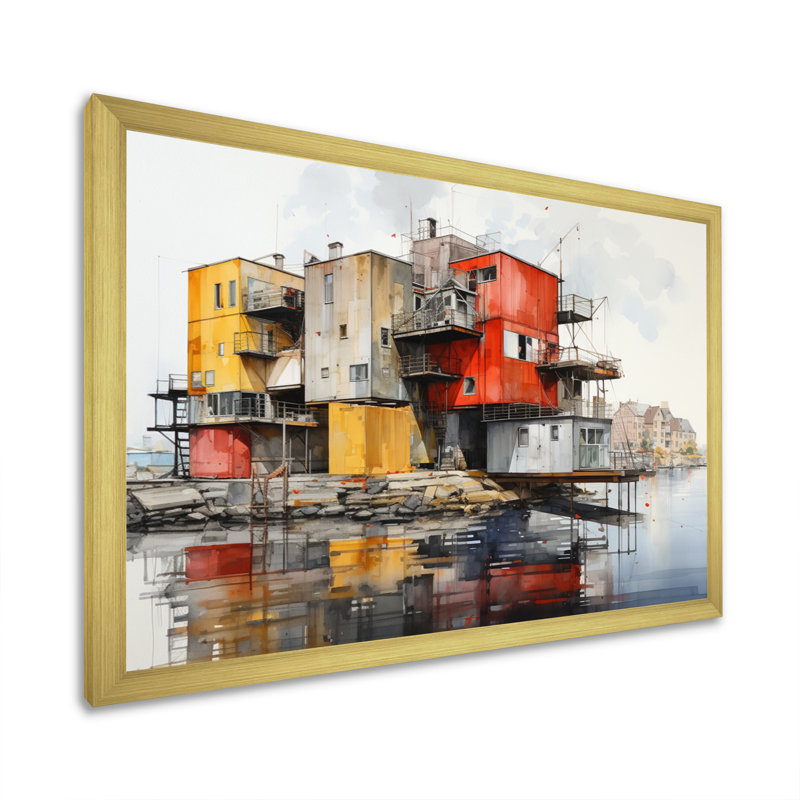 Port Urban Waterfront sur toile, H 24 po x l 32 po x P 1 po, Encadrement doré