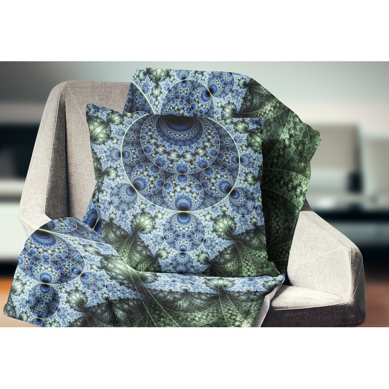 Art fractal en spirale bleu et vert - coussin abstrait imprimé, 16 po x 16 po, Carré