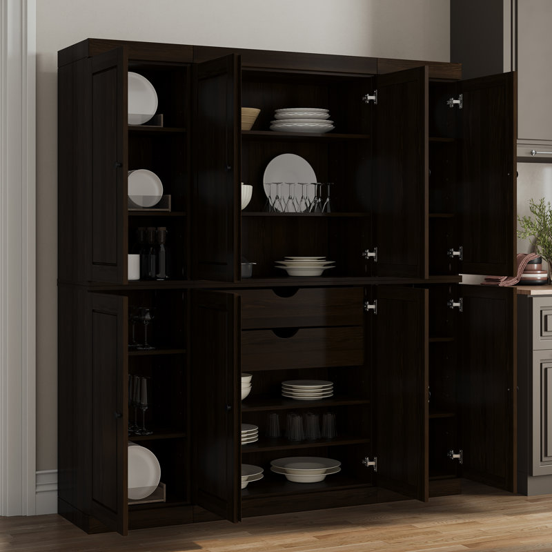 Armoire de cuisine haute Kyrrah 100% en bois massif avec portes et 2 tiroirs, tablettes réglables, armoire de rangement modulaire, l 65 po x H 71,5 po
