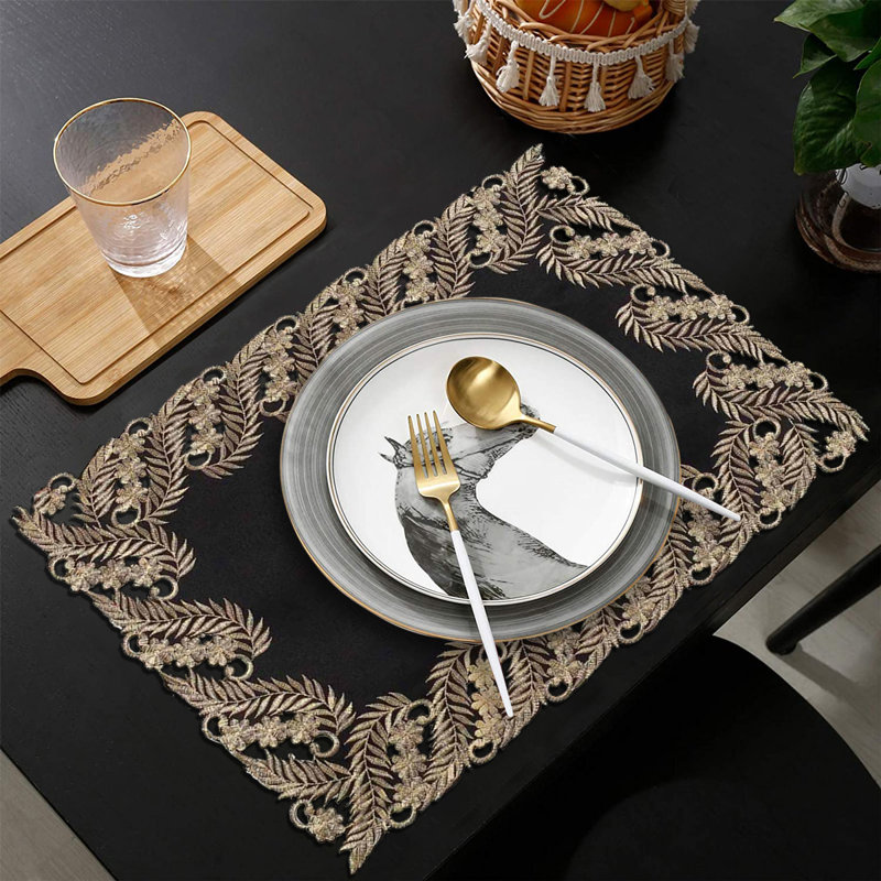 Ferra Luxury Dining Table Placemats for Christmas Home Decor Rectangular Elegant Golden Lace Polyester, Black/Gold