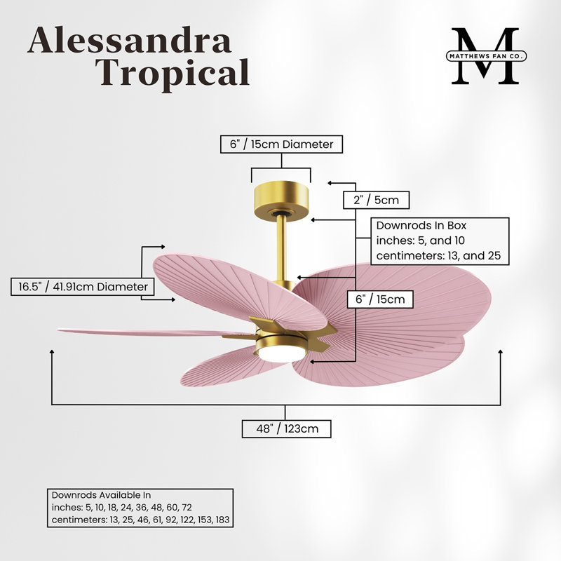 Alessandra Tropical - Five Blade Ceiling Fan - Integrated LED -Matte Black Finish -Light Blue Blades, Brushed Brass