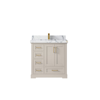 Boston 36 In. W X 22 In. D Center Sink Bathroom Vanity In Fine Grain With 2 In. Quartz