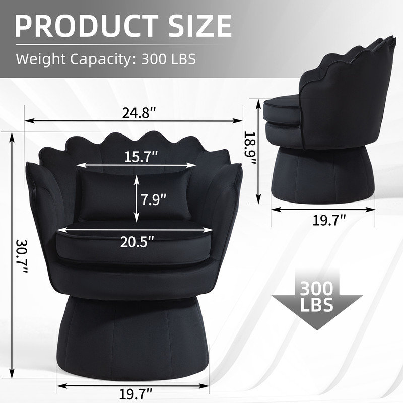 Fauteuil d'appoint rembourré et pivotant en velours, Velours noir