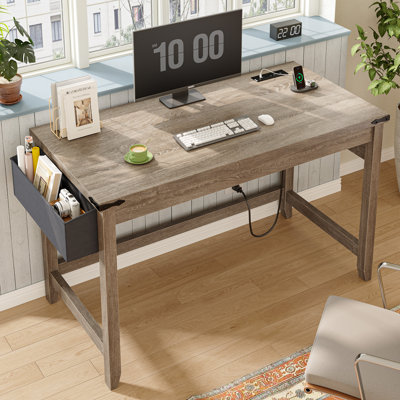 Small Computer Desk With Power Outlet, Home Office Desk For Bedroom, Writing Desk With Storage Bag