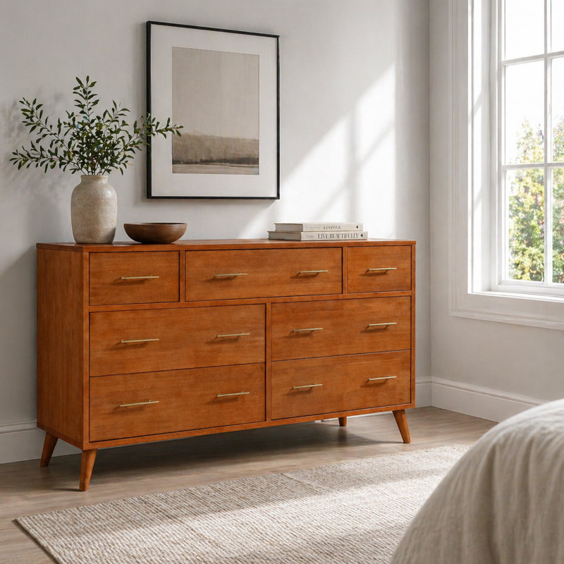 Imre 55.1" W Mid-Century Modern Solid Wood 7-Drawer Double Dresser