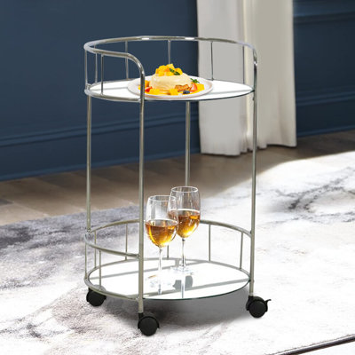 2-tier Round Rolling Bar Cart Serving Cart Tempered Glass & 4 Wheels W/ Lock by Wrought Studio