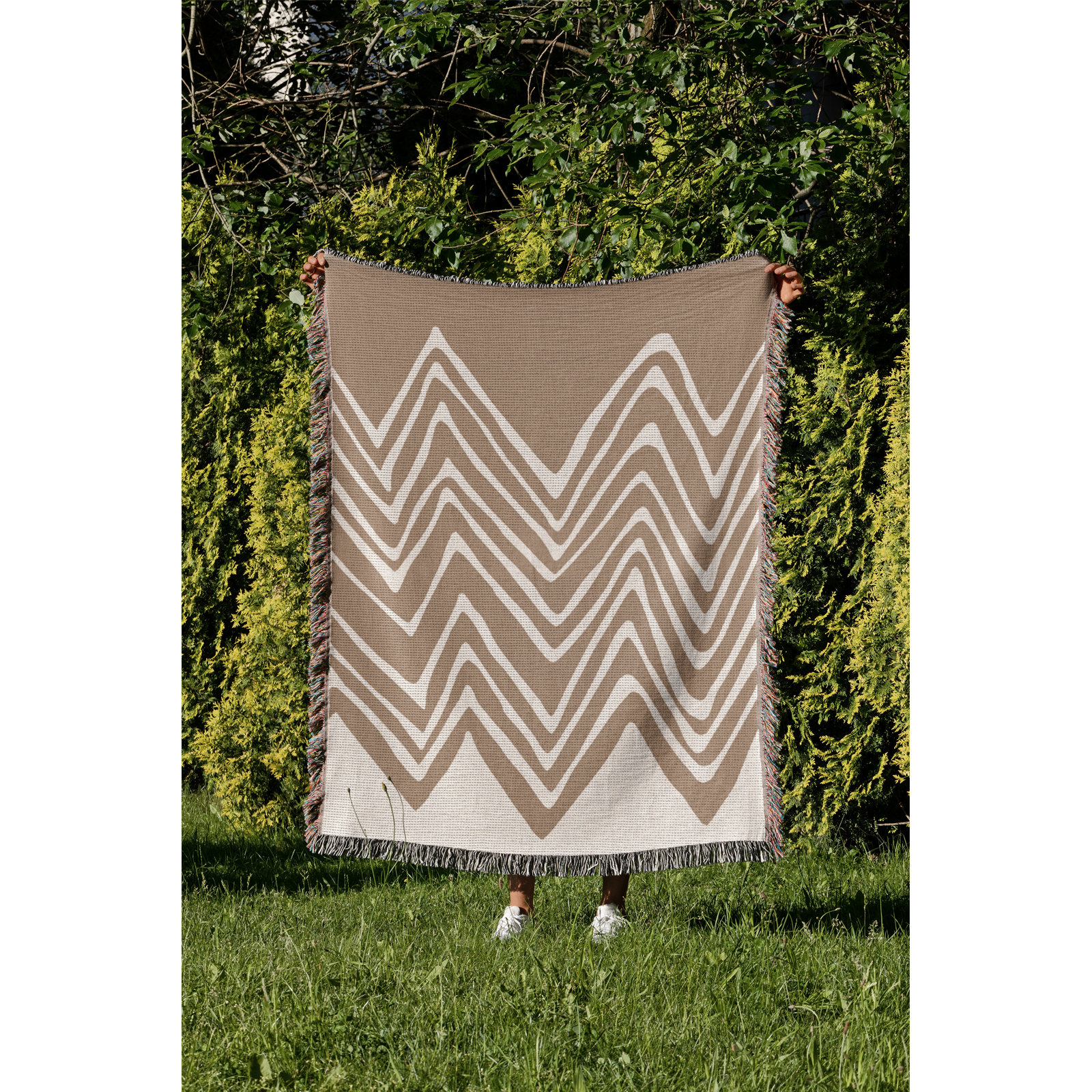 Addai Abstract Triangle Pattern Blanket , 60" H x 80" W (Queen), Beige