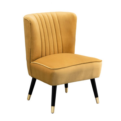 Gold Contemporary Chair With Velvet Upholstery - Thick Foam Padding For Back And Seat Pleasure Lined Stitching Curved Design Modern Grace Solid Black Rubberwood Legs Gold-Tone Electroplated Ends 26"W