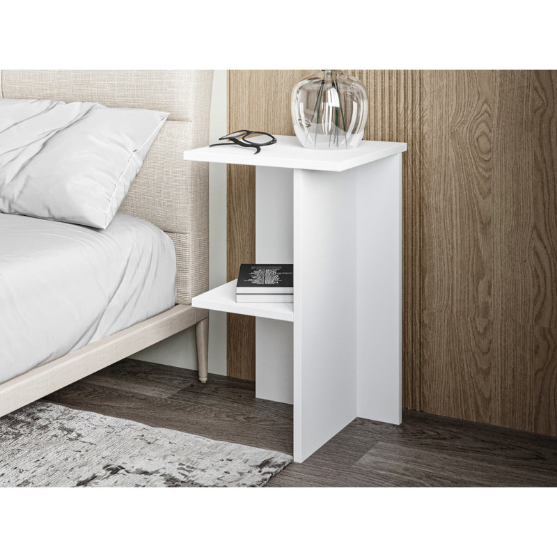 Table de chevet blanche moderne Claryce avec nombreuses tablettes, panneau de particules enduit de mélamine à 100%, 14,2 po x 23,6 po x 14,2 po | Conception à fixation murale | Élégante couleur unie pour la chambre à coucher et le salon, solution de
