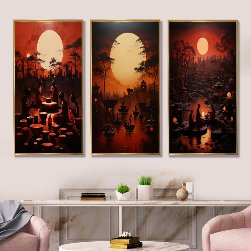 L'hindouisme Karvas au clair de lune - ensemble de 4 impressions sur toile de l'hindouisme, Cadre flottant doré