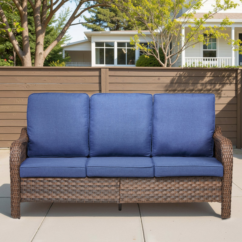 70.9 Inch PE Wicker Rattan Outdoor 3 Seat Sofa With Blue Deep Cushions | Gift Idea, Blue