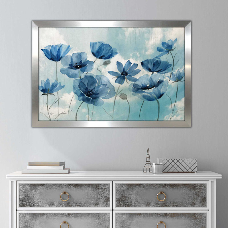 «Springing Up Blue» par - Peinture, Encadrement argenté, H 33,5 po x l 49,5 po x P 1 po