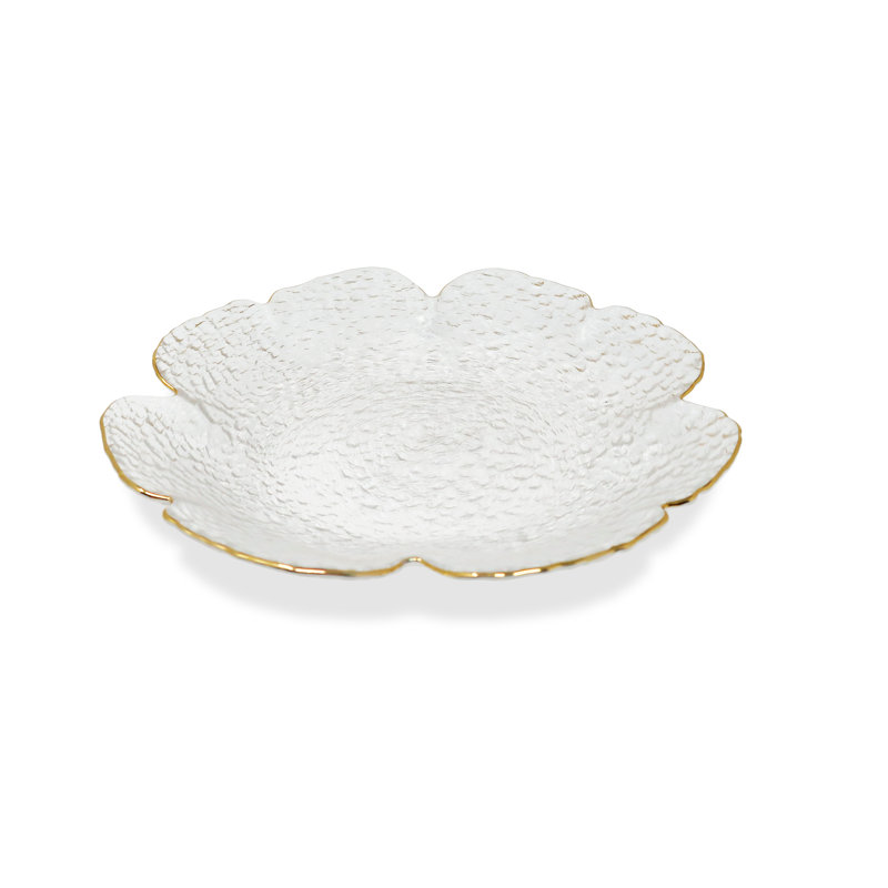 Assiette en forme de fleur Damion avec bordure dorée - P 9,5 po, H 1,5 po x l 7,25 po x P 7,25 po