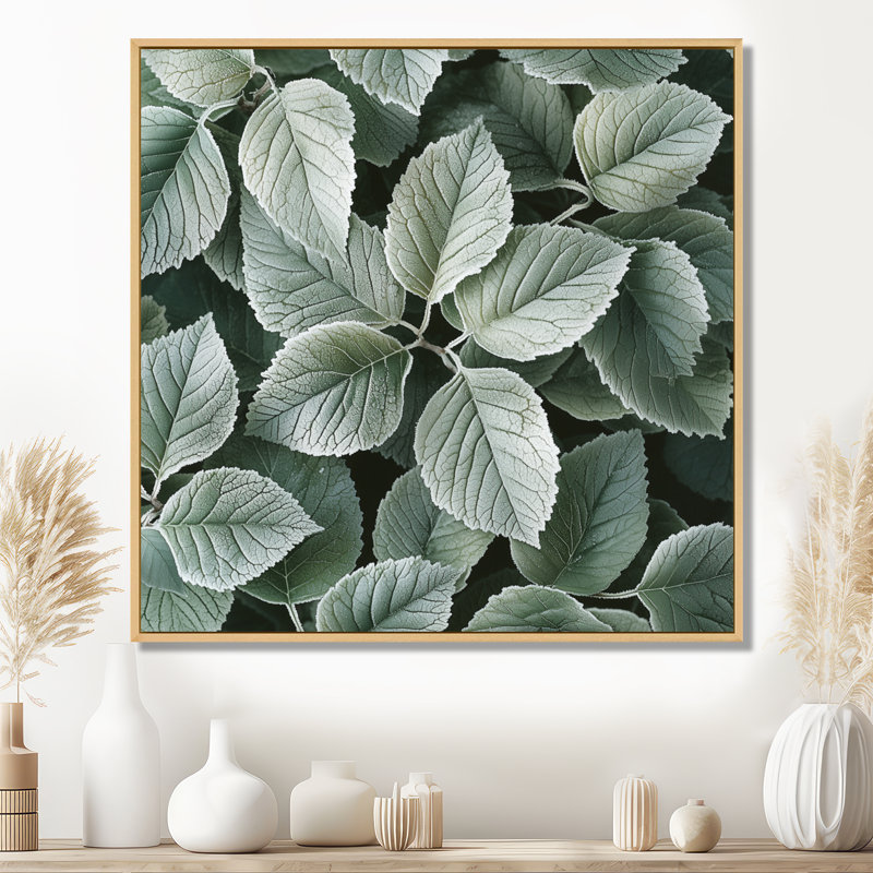 Frosted Leaves II - feuilles, art mural, Impression encadrée flottante, Crème, crème, H 16 po x l 16 po